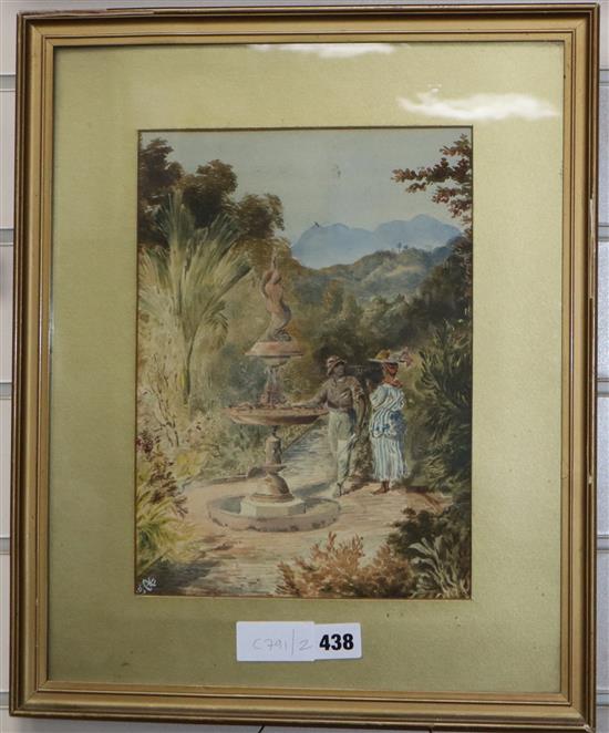 Victorian School, watercolour, Caribbean figures in a garden, bears monogram and dated 97, 30 x 22cm.